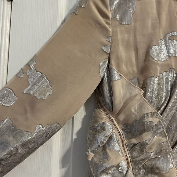Self Portrait Dress Metallic Fil Coupe Ruffle Mini Beige Tan Silver Cocktail 4 - Picture 8 of 15